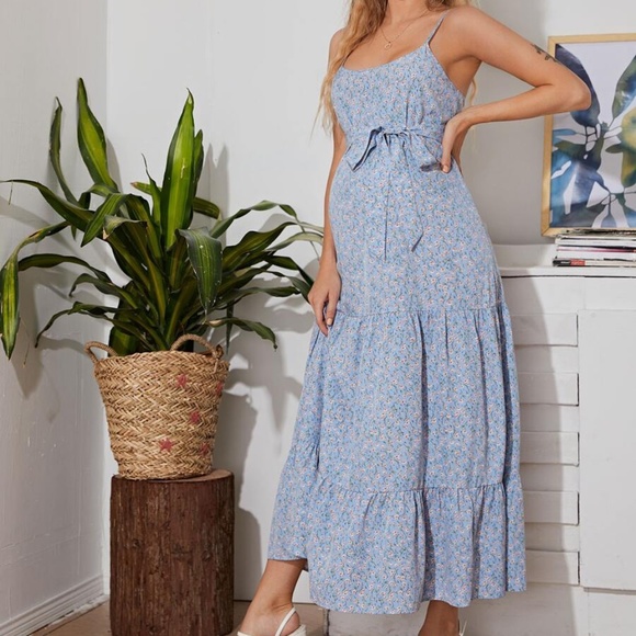 Dresses & Skirts - MATERNITY Blue Floral Belted Ruffle Maxi Dress